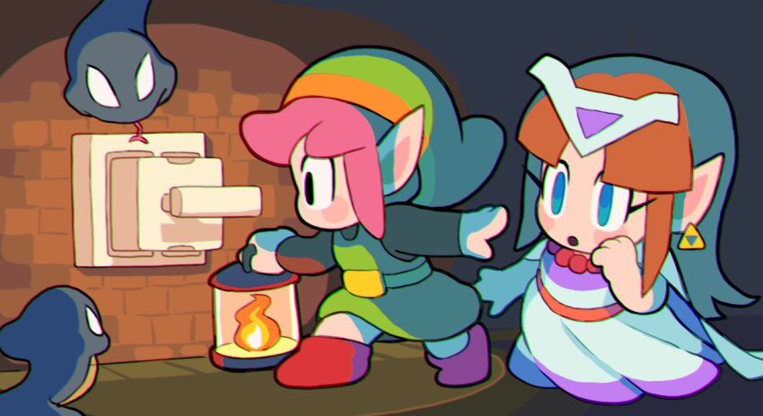 1boy 1girl :o blue_eyes blush blush_stickers brick_wall brown_hair chibi commentary dress earrings fire forked_tongue gashi-gashi green_hat hat holding holding_lantern jewelry lantern link long_eyelashes long_hair nintendo pink_shoes pointy_ears princess_zelda rope_(zelda) shoes short_hair snake symbol-only_commentary the_legend_of_zelda the_legend_of_zelda:_a_link_to_the_past tongue tongue_out triforce tunic white_dress