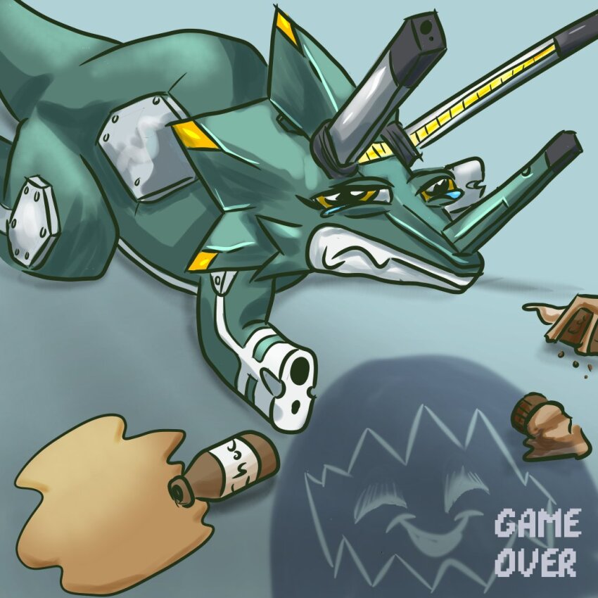 apu_spills_his_tendies_(meme) digimon digimon_(creature) digitamamon dinosaur gun looking_at_viewer meme sad smile weapon wezengammamon yellow_eyes