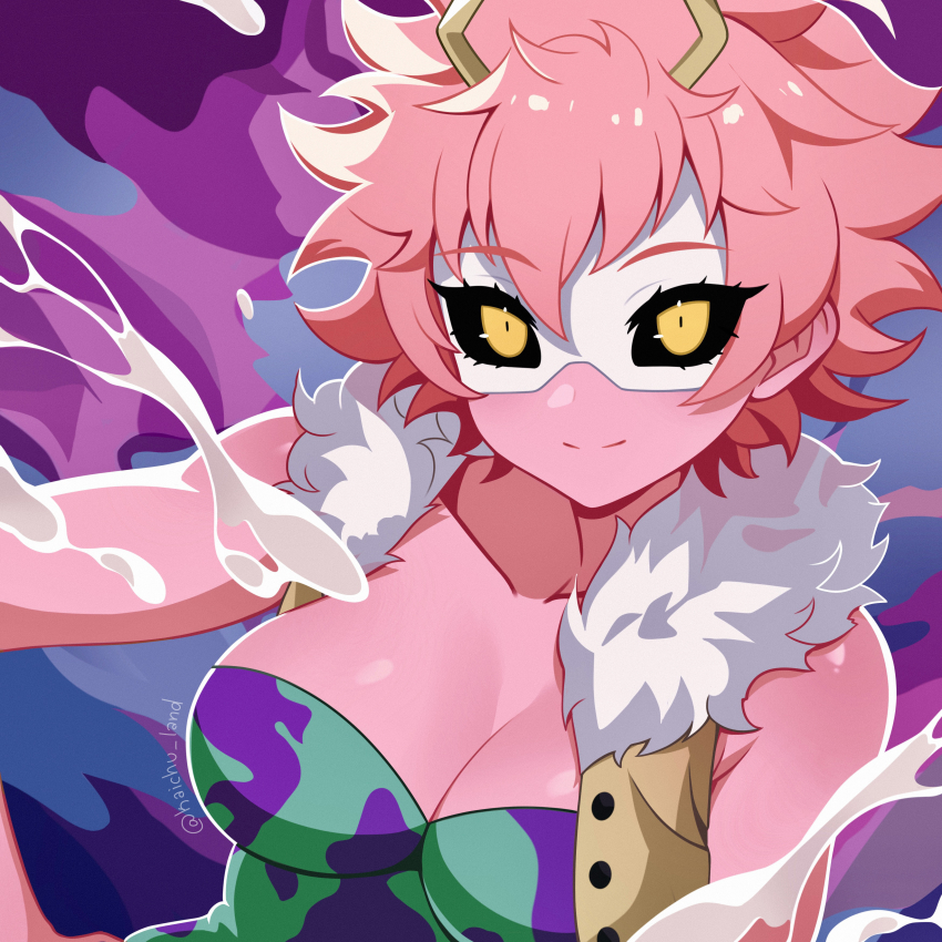 1girl absurdres acid ashido_mina black_sclera boku_no_hero_academia breasts cleavage closed_mouth colored_sclera colored_skin eye_mask fur_trim highres horns kaichu_land looking_at_viewer medium_breasts pink_hair pink_skin short_hair solo spiked_hair upper_body yellow_eyes yellow_horns