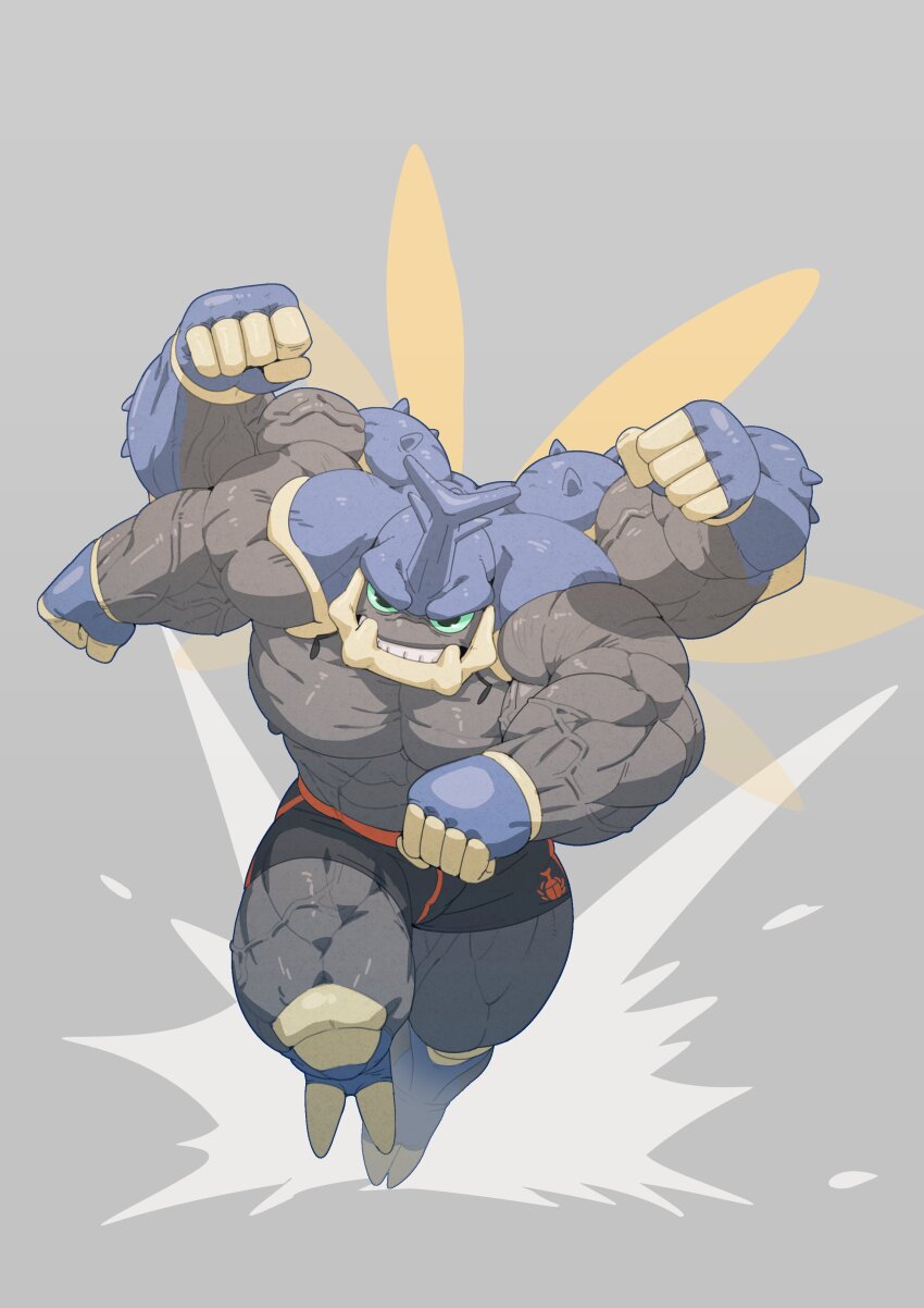 1boy absurdres arthropod_boy bara beetle_boy black_eyes black_male_underwear blue_skin boxer_briefs carapace clenched_hands clenched_teeth colored_sclera colored_skin extra_arms fewer_digits full_body furrowed_brow green_sclera grey_background grey_skin highres horns insect_wings looking_at_viewer male_focus male_underwear multicolored_skin muscular muscular_male nipples original running simple_background single_horn solo soonsky_kumu teeth underwear veins wings