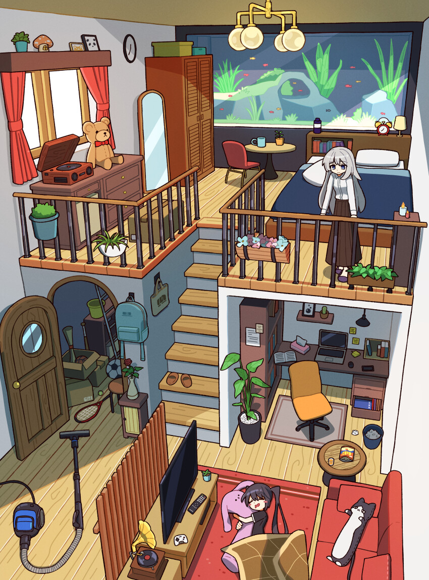 2girls absurdres alarm_clock analog_clock bag ball black_hair black_skirt blanket bookshelf box cardboard_box cheribon clock computer controller couch cup curtains door fish_tank game_controller grey_hair hashtag-only_commentary highres indoors laptop long_hair long_skirt lying mug multiple_girls original phonograph plant potted_plant racket railing remote_control rug scenery shelf skirt slippers soccer_ball standing stuffed_animal stuffed_cat stuffed_toy table teddy_bear television tennis_racket unworn_bag unworn_slippers vacuum_cleaner vase wardrobe wide_shot window wooden_floor