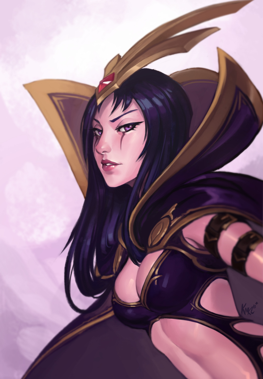 1girl artist_name breasts cleavage eyebrows female_focus high_collar highres kienan_lafferty league_of_legends leaning_forward leblanc_(league_of_legends) light_smile lips long_hair looking_at_viewer medium_breasts nose parted_lips popped_collar purple_background purple_eyes purple_hair short_hair signature solo upper_body