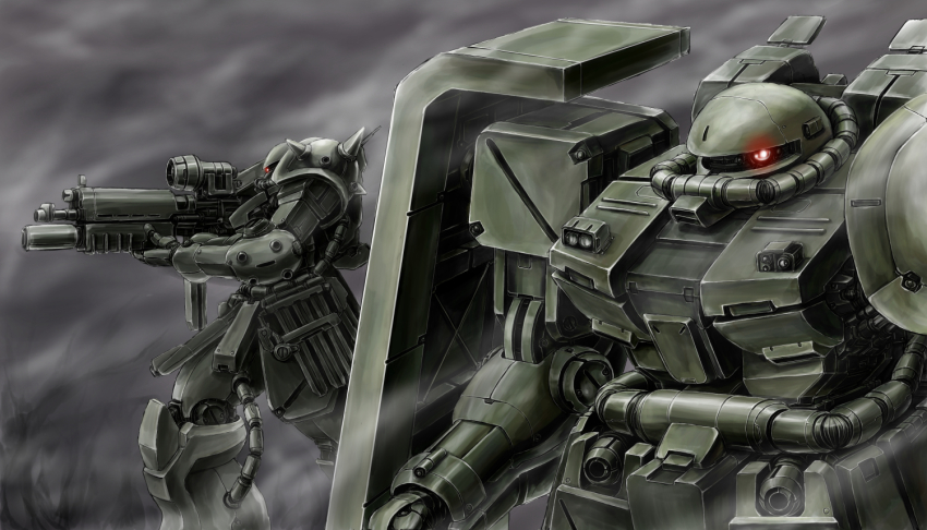 1980s_(style) gun gundam gundam_0080 mecha no_humans oldschool retro_artstyle robot ryuumizuoshou weapon zaku zaku_ii_f2