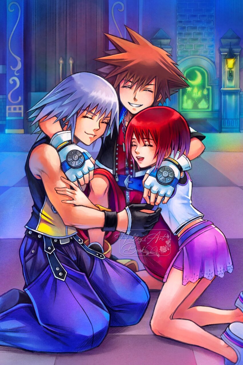 1girl 2boys artist_name bare_shoulders belt black_gloves blue_belt blue_pants brown_hair closed_eyes commentary english_commentary fingerless_gloves gloves grey_hair half_gloves highres hollypolllyy hug kairi_(kingdom_hearts) kingdom_hearts kingdom_hearts_i kneeling long_hair multiple_boys nomura_tetsuya_(style) pants purple_skirt red_hair riku_(kingdom_hearts) short_hair short_sleeves skirt sleeveless smile sora_(kingdom_hearts) spiked_hair white_gloves