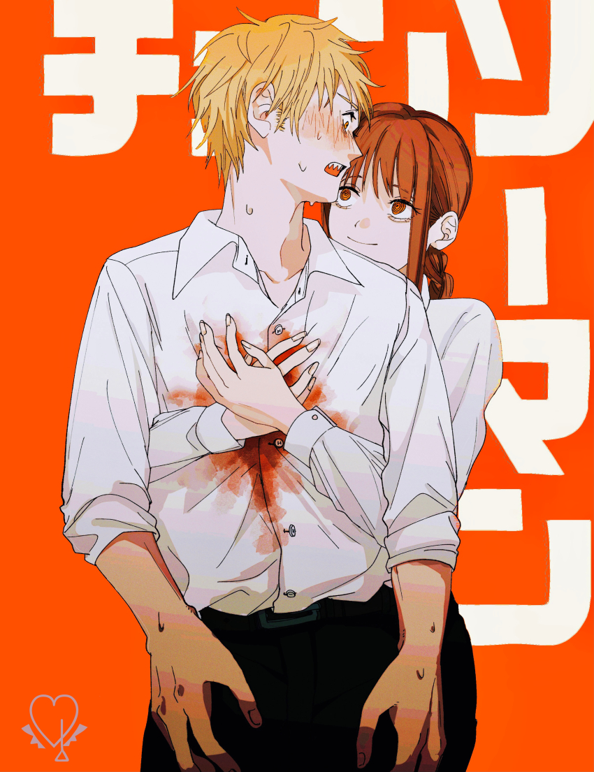 1boy 1girl absurdres black_pants blonde_hair blood blood_on_clothes blush braid braided_ponytail chainsaw_man commentary_request denji_(chainsaw_man) height_difference highres hug hug_from_behind looking_at_another makima_(chainsaw_man) medium_hair orange_background pants red_eyes red_hair ringed_eyes sensui_n shirt_tucked_in short_hair sidelocks simple_background sleeves_rolled_up smile sweat