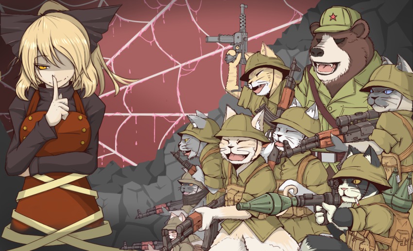 1girl ak-47 akm assault_rifle bear blonde_hair bow cat cat_shit_one cube85 gun hair_bow helmet kalashnikov_rifle kurodani_yamame military military_uniform rifle rocket_launcher rpg rpg-7 rpg_(weapon) short_hair silk smile soldier solo_focus spider_web submachine_gun touhou weapon yellow_eyes