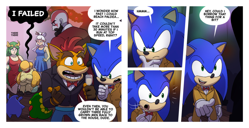 abel_hagen animal_crossing blue_sky breasts bub_(bubble_bobble) bubble_bobble chell christmas cleavage comic crash_bandicoot crash_bandicoot_(series) crying gloves god_of_war green_hair hand_on_own_hip highres isabelle_(animal_crossing) kid_icarus kratos_(god_of_war) long_hair luma_(mario) mario_(series) mario_+_rabbids_sparks_of_hope medium_breasts nintendo palutena party paya_(zelda) pokemon portal_(series) rabbid_luma raving_rabbids red_skirt skirt sky sonic_(series) sonic_the_hedgehog speech_bubble super_smash_bros. sweat talking the_legend_of_zelda the_legend_of_zelda:_breath_of_the_wild white_hair