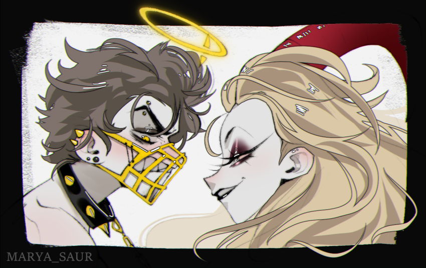 1boy 1girl adam_(hazbin_hotel) blonde_hair brown_hair collar demon_girl demon_horns hazbin_hotel horns lilith_(hazbin_hotel) long_hair marya_saur muzzle_(mask) spiked_collar spikes very_long_hair
