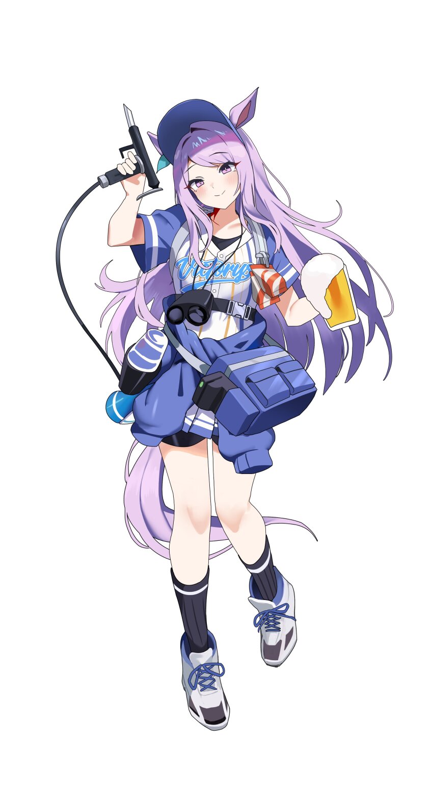 1girl absurdres animal_ears bag baseball_uniform beer_mug bike_shorts black_socks blue_jacket clothes_around_waist cup full_body highres horse_ears horse_girl horse_tail jacket long_hair looking_at_viewer mejiro_mcqueen_(umamusume) miniskirt mug pleated_skirt purple_eyes purple_hair shoes simple_background skirt smile sneakers socks solo sportswear sylph_kim tail track_jacket umamusume very_long_hair visor_cap white_background white_shoes white_skirt