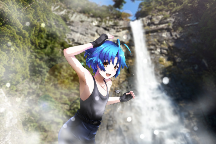 1girl ahoge belt black_belt black_gloves black_tank_top blue_hair blue_pants brown_eyes collarbone fingerless_gloves flat_chest genya_(genya67) gloves highres looking_at_viewer muv-luv muv-luv_alternative muv-luv_alternative_(anime) open_mouth pants parted_bangs photo_background shirt_tucked_in short_hair smile solo tank_top yoroi_mikoto