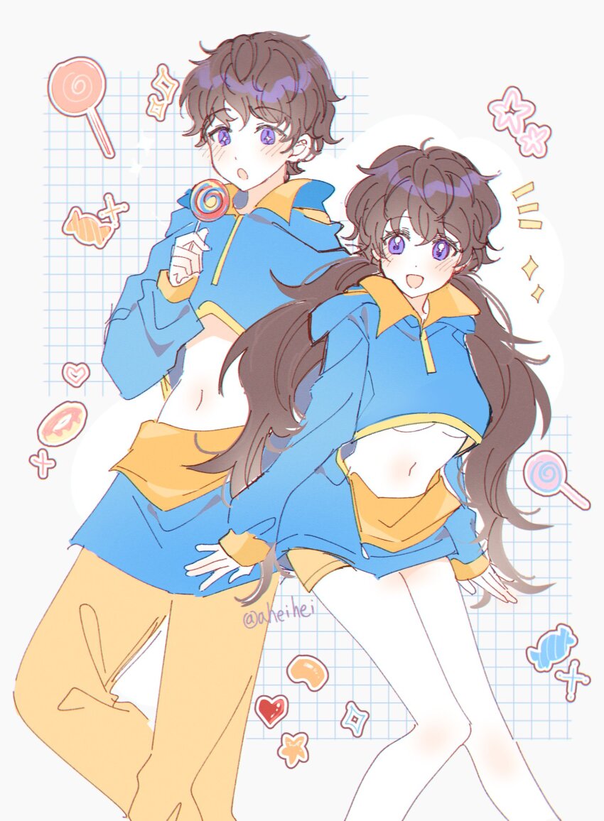 1boy 1girl adk-em aheihei artist_name bandai bandai_namco blue_hoodie blush breasts brown_hair candy chinese_commentary clothing_cutout diamond_(shape) donut dual_persona food genderswap genderswap_(mtf) grid_background gummy_candy heart highres hood hoodie inoue_shouma ishimori_prod jelly_bean kamen_rider kamen_rider_gavv_(series) lollipop long_hair navel notice_lines open_mouth pants purple_eyes short_hair shorts shouma_(kamen_rider_gavv) shouma_stomach signature star_(symbol) stomach_cutout toei_company tokusatsu tv_asahi two-tone_hoodie underboob yellow_pants yellow_shorts