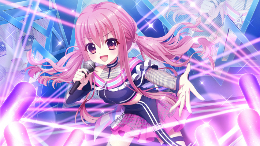 1girl :d above_cleavage_cutout asahi_hina bare_shoulders blush breasts collarbone concert cowboy_shot crop_top dot_nose film_grain fishnet_sleeves fishnets game_cg glowstick holding holding_microphone idol idol_clothes izumi_tsubasu laser leaning_forward long_hair looking_at_viewer low_twintails microphone midriff non-web_source off_shoulder official_art open_mouth outstretched_arm pink_eyes pink_hair pink_skirt re:stage! screen sidelocks skirt small_breasts smile solo sparkle stage_lights thigh_strap twintails