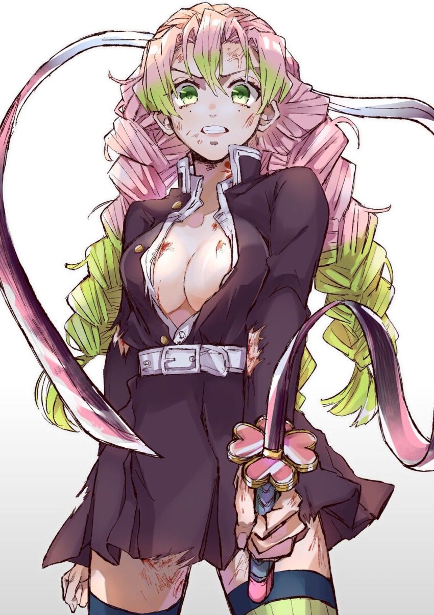 1girl anger_vein angry belt braid breasts cleavage deep_wound demon_slayer_uniform gakuran gradient_hair green_eyes green_hair green_thighhighs heart highres injury japanese_clothes kanroji_mitsuri kimetsu_no_yaiba large_breasts long_hair long_sleeves looking_at_viewer mole mole_under_each_eye mole_under_eye multicolored_hair multiple_braids multiple_moles parted_lips partially_unbuttoned pink_hair ribbed_legwear ribbed_thighhighs school_uniform simple_background skirt solo sword thighhighs tri_braids twin_braids two-tone_hair weapon whip_sword white_background white_belt
