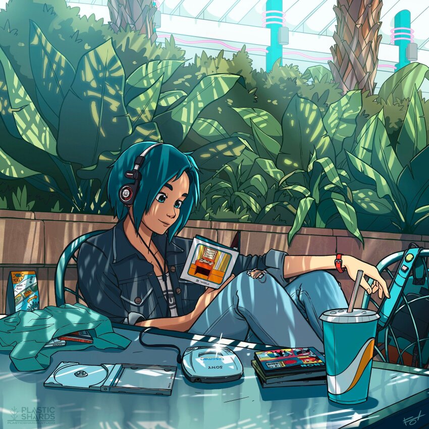 1girl aqua_eyes aqua_hair backpack bag blue_pants blue_shirt bush cd_case cd_player cd_walkman closed_mouth commentary copyright_logo cup dappled_sunlight day denim disposable_cup english_commentary feet_on_chair headphones highres holding_case indoors jeans listening_to_music mall matt_laskowski medium_hair on_chair original palm_tree pants print_shirt shirt signature skylight sleeves_rolled_up slice_of_life solo sunlight table torn_clothes torn_pants tree watch wristwatch