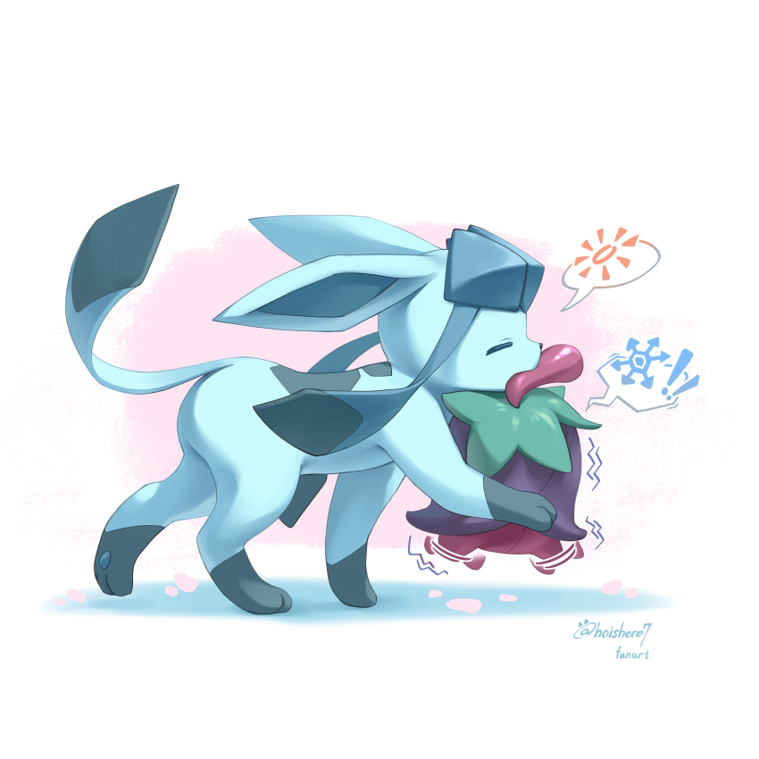 absurdres cherrim cherrim_(overcast) closed_eyes commentary_request from_side gen_4_pokemon glaceon highres hoishere7 mouth_hold nintendo no_humans pokemon pokemon_(creature) pokemon_focus speech_bubble standing trembling twitter_username