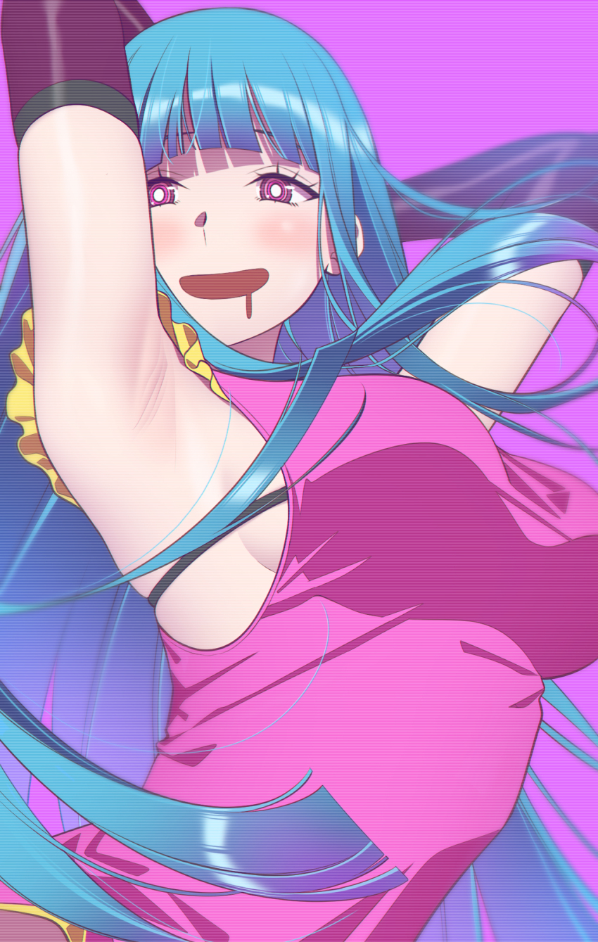 1girl andrian_januar_adilia armpits arms_behind_head arms_up blue_hair blunt_bangs blush breasts commentary dress drooling elbow_gloves english_commentary gloves highres hime_cut large_breasts long_hair looking_at_viewer me!me!me! meme_(me!me!me!) mouth_drool open_mouth pink_dress purple_background purple_eyes purple_gloves simple_background sleeveless sleeveless_dress solo very_long_hair