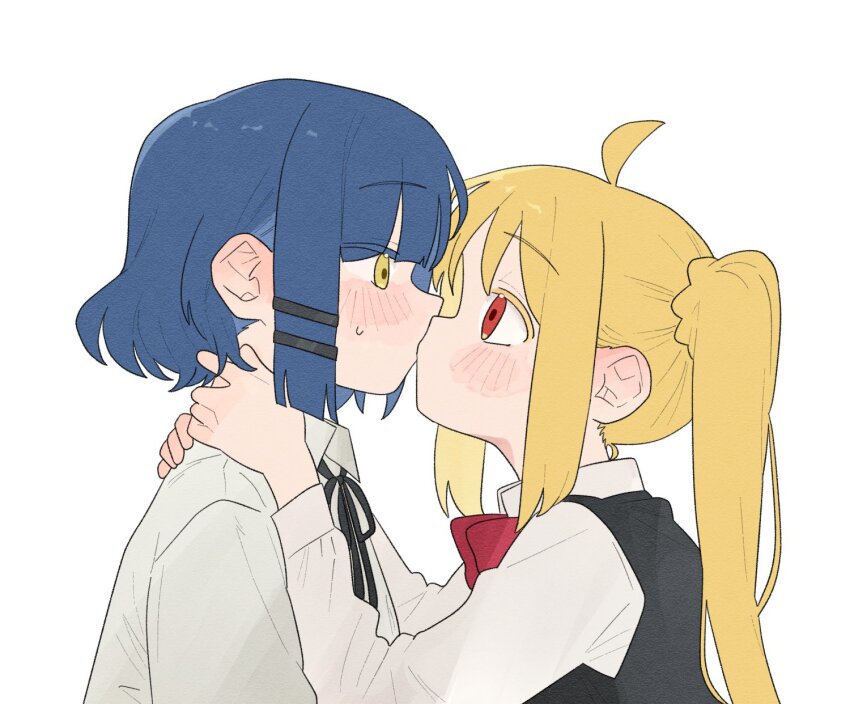 2girls ahoge black_sweater_vest blonde_hair blue_hair blush bocchi_the_rock! collared_shirt hand_on_another&#039;s_neck highres ijichi_nijika jo9a5d kiss multiple_girls red_eyes school_uniform shimokitazawa_high_school_uniform shirt short_hair side_ponytail simple_background sweater_vest white_background white_shirt yamada_ryo yellow_eyes yuri