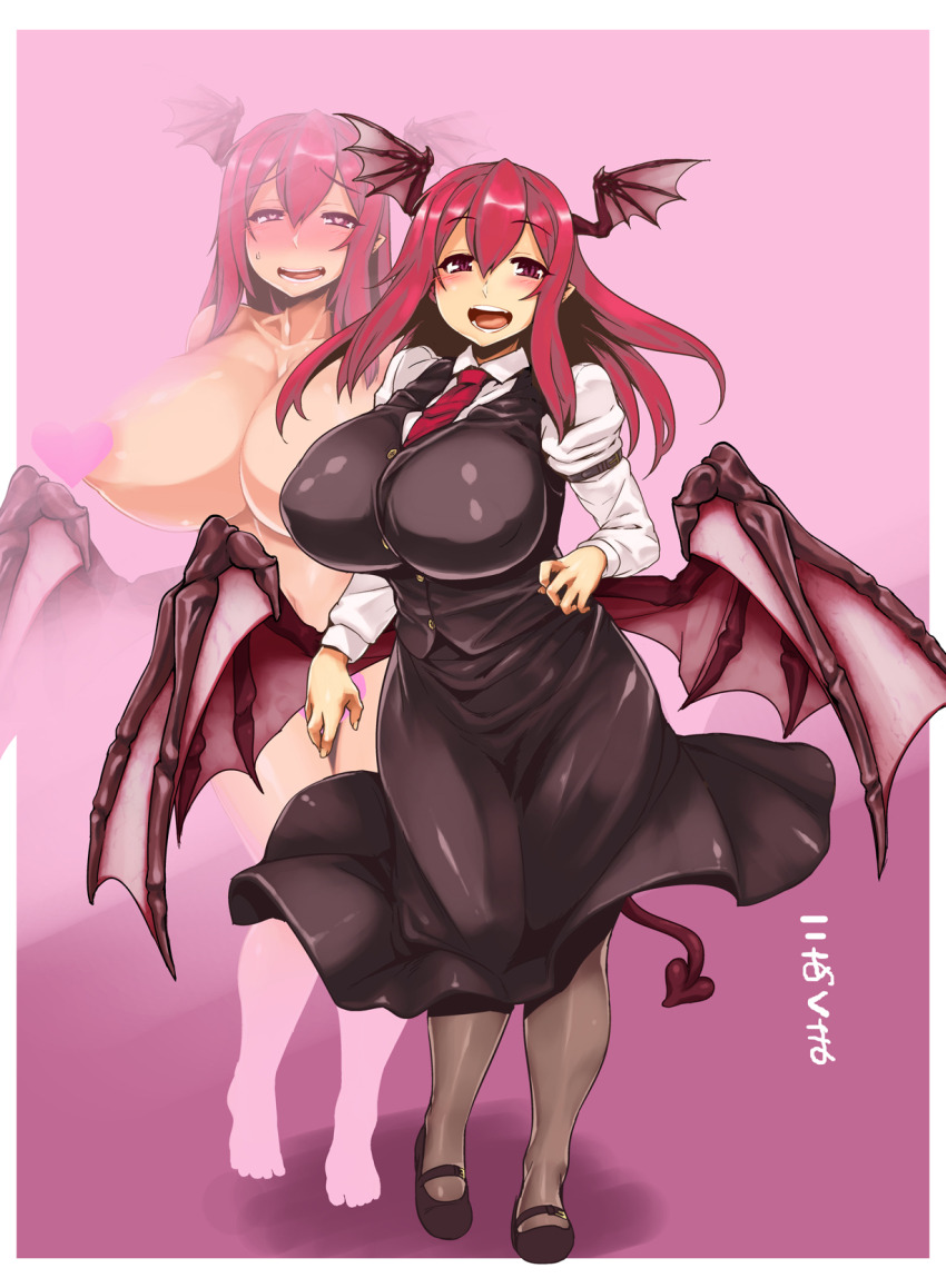 1girl breasts demon_tail demon_wings head_wings heart heart-shaped_pupils highres koakuma large_breasts long_skirt red_hair skirt symbol-shaped_pupils tabigarasu_(mahjong_yuugen_gaisha_58) tail touhou wings