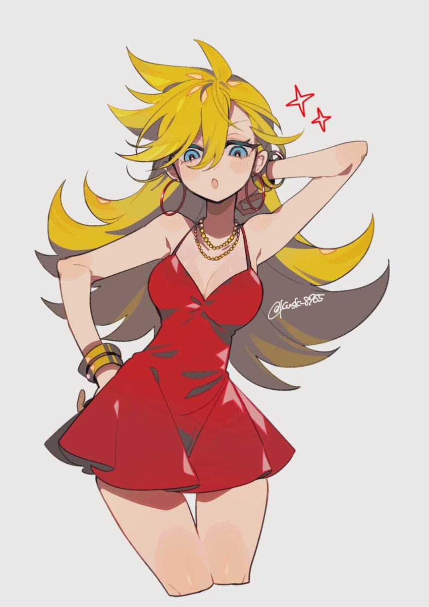 1girl bare_shoulders blonde_hair blue_eyes bracelet breasts cleavage cropped_legs dress earrings gold_bracelet grey_background hair_between_eyes hand_on_own_hip hand_up highres hoop_earrings jewelry kawasaki_(kwsk_8765) long_hair medium_breasts necklace panty_&amp;_stocking_with_garterbelt panty_(psg) red_dress sleeveless sleeveless_dress solo sparkle twitter_username