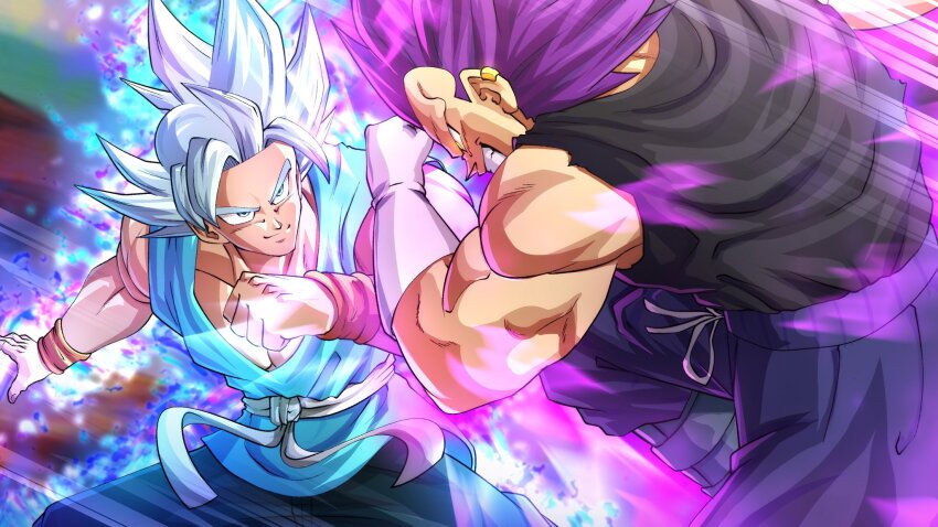 2boys aura black_shirt blue_pants blue_shirt d0rmi_z dougi dragon_ball dragon_ball_super dragonball_z gloves grey_eyes grey_hair highres male_focus multiple_boys muscular muscular_male no_eyebrows pants purple_hair sailor_collar shirt smirk son_goku spiked_hair ultra_ego_(dragon_ball) ultra_instinct vegeta white_gloves white_sailor_collar yellow_eyes