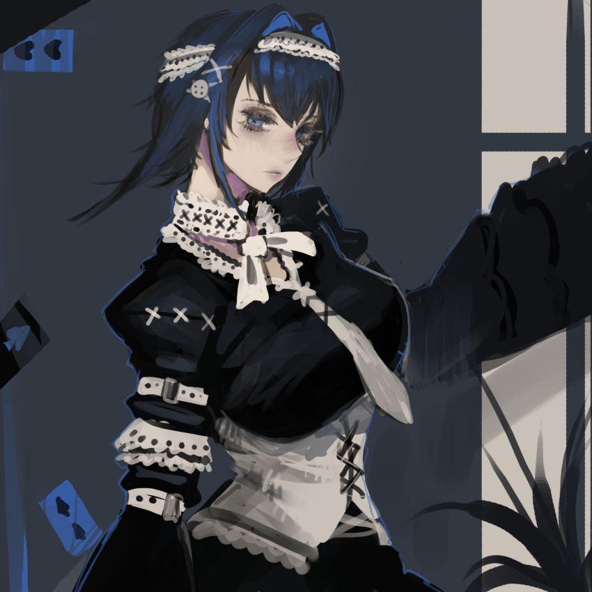 1girl arm_strap arm_up black_dress blue_eyes blue_hair bow bowtie breasts button_hair_ornament card closed_mouth collar commentary corset cowboy_shot dress english_commentary eyelashes eyeshadow frilled_collar frilled_sleeves frills goth_fashion grey_background hair_between_eyes hair_ornament highres hololive hololive_english indoors juliet_sleeves large_breasts long_sleeves looking_at_viewer maid maid_headdress makeup necktie ouro_kronii plant playing_card puffy_sleeves short_hair sidelocks solo tomatoketchup96 virtual_youtuber white_bow white_bowtie white_collar white_corset white_headdress white_necktie window x_hair_ornament