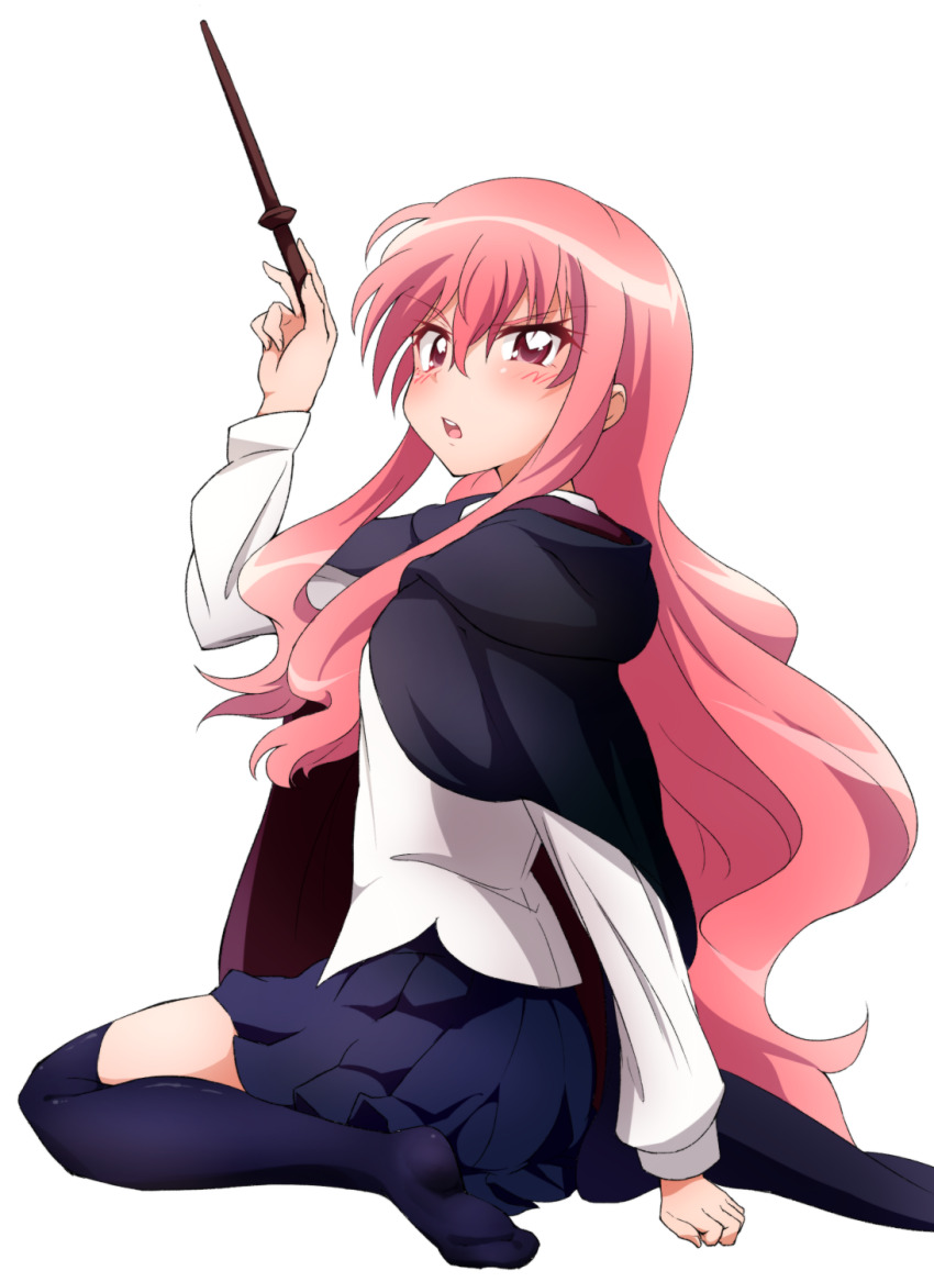 1girl arm_behind_back arm_up black_cloak blue_skirt blue_thighhighs blush cloak commentary_request daidaiiro full_body hair_between_eyes highres holding holding_wand hood hood_down hooded_cloak long_hair long_sleeves looking_at_viewer looking_to_the_side louise_francoise_le_blanc_de_la_valliere no_shoes open_mouth pink_hair pleated_skirt puffy_long_sleeves puffy_sleeves red_eyes simple_background sitting skirt soles solo teeth thighhighs upper_teeth_only v-shaped_eyebrows very_long_hair wand wariza white_background zero_no_tsukaima