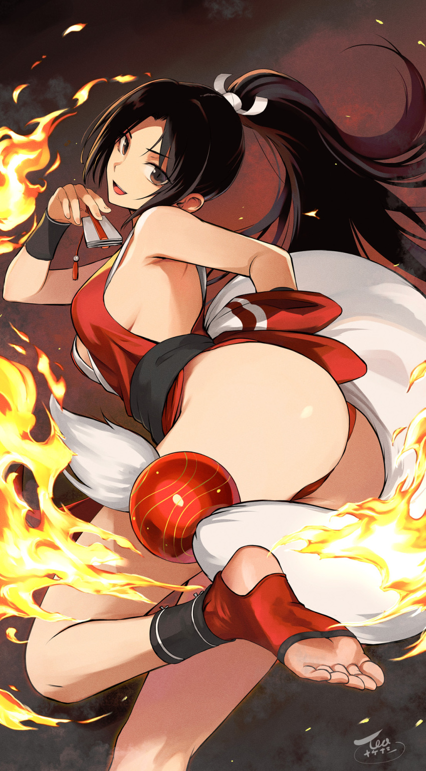 1girl alternate_breast_size ass bad_tag bare_shoulders breasts brown_eyes crossover fatal_fury high_ponytail highres japanese_clothes long_hair looking_at_viewer medium_breasts ninja pelvic_curtain ponytail revealing_clothes shiranui_mai smile stirrup_footwear street_fighter street_fighter_6 tea_(nakenashi) thighs thong