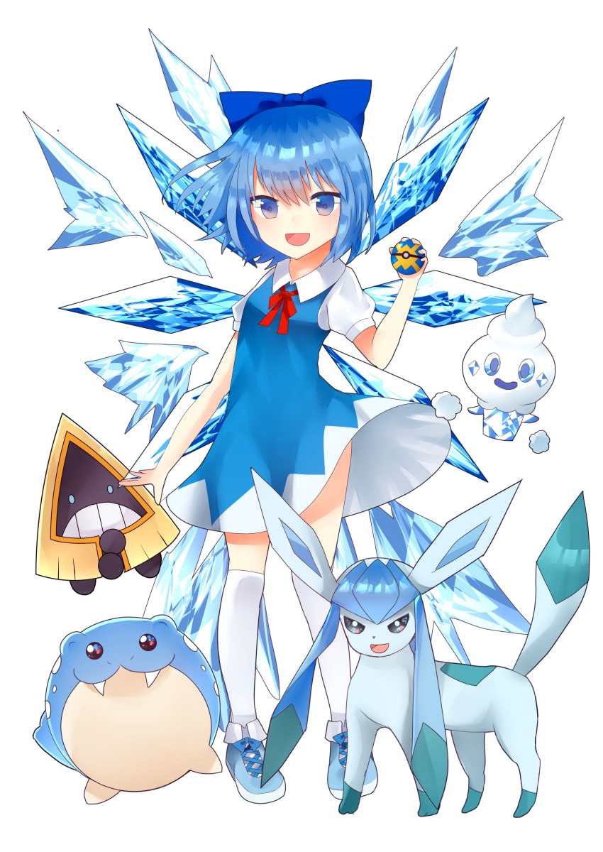1girl :d absurdres blue_bow blue_dress blue_eyes blue_hair bow cirno crossover dress full_body gen_3_pokemon gen_4_pokemon gen_5_pokemon glaceon hair_bow highres holding holding_poke_ball kneehighs looking_at_viewer neck_ribbon nintendo open_mouth poke_ball pokemon pokemon_(creature) quick_ball red_ribbon ribbon sakizaki_saki-p short_dress short_hair short_sleeves simple_background smile snorunt socks spheal standing touhou vanillite white_background white_socks