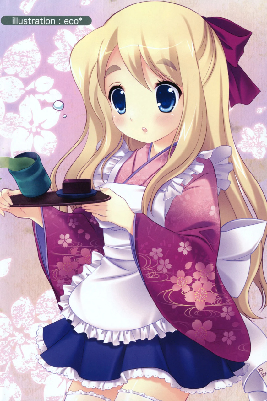 1girl alternate_costume apron blonde_hair blue_eyes bushy_eyebrows cup dot_nose feet_out_of_frame female_focus food green_tea hair_between_eyes hair_ribbon highres holding holding_tray k-on! kotobuki_tsumugi legs long_hair long_sleeves open_mouth plate ribbon skirt solo standing tea teacup teeth thick_eyebrows tray