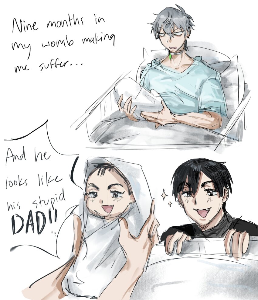 3boys alien_stage and_he_looks_like_his_stupid_dad_(meme) baby bed black_eyes black_hair black_shirt carrying_baby carrying_person commentary english_commentary english_text grey_hair hawk_till highres hospital_bed hospital_gown implied_male_pregnancy male_focus meme multiple_boys on_bed open_mouth pillow shirt sketch smile swaddled till_(alien_stage)