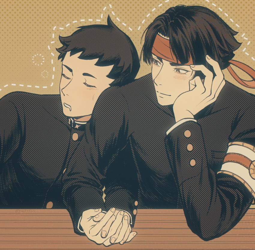 2boys ace_attorney armband black_hair black_jacket brown_eyes buttons chinese_commentary closed_eyes closed_mouth commentary_request drooling gold_trim hand_on_own_cheek hand_on_own_face headband highres holding_hands jacket kaze_(yznyttdgs) kazuma_asogi male_focus mouth_drool multiple_boys orange_headband ryunosuke_naruhodo short_bangs short_hair sleeping smile squeans the_great_ace_attorney white_armband wispy_bangs