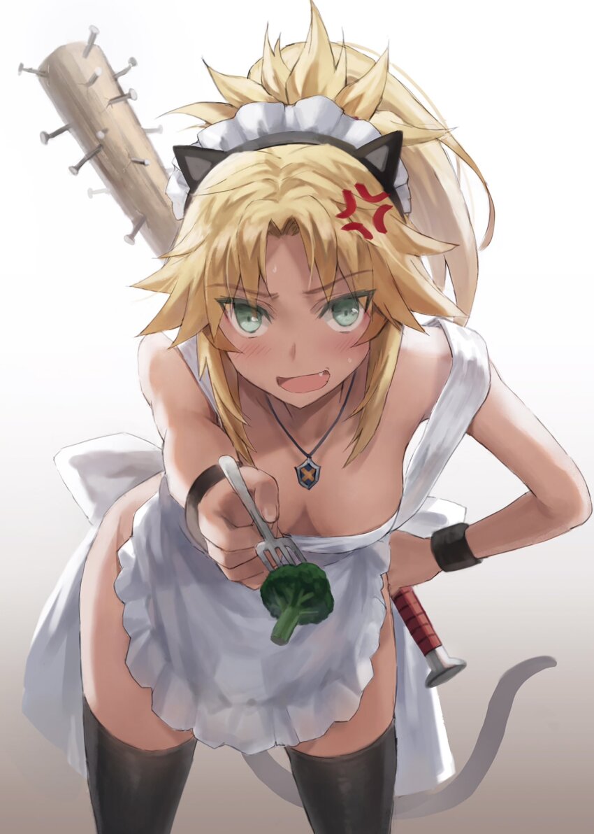 1girl alternate_costume anger_vein apron bare_shoulders baseball_bat black_thighhighs blonde_hair blush braid breasts broccoli cleavage collarbone fang fate/apocrypha fate_(series) fork green_eyes hair_ornament hair_scrunchie hand_on_own_hip highres holding holding_fork jewelry leaning_forward long_hair looking_at_viewer maid_headdress mordred_(fate) mordred_(fate/apocrypha) nail nail_(hardware) nail_bat necklace open_mouth parted_bangs ponytail scrunchie sidelocks small_breasts smile solo thighhighs thighs tonee white_apron wristband