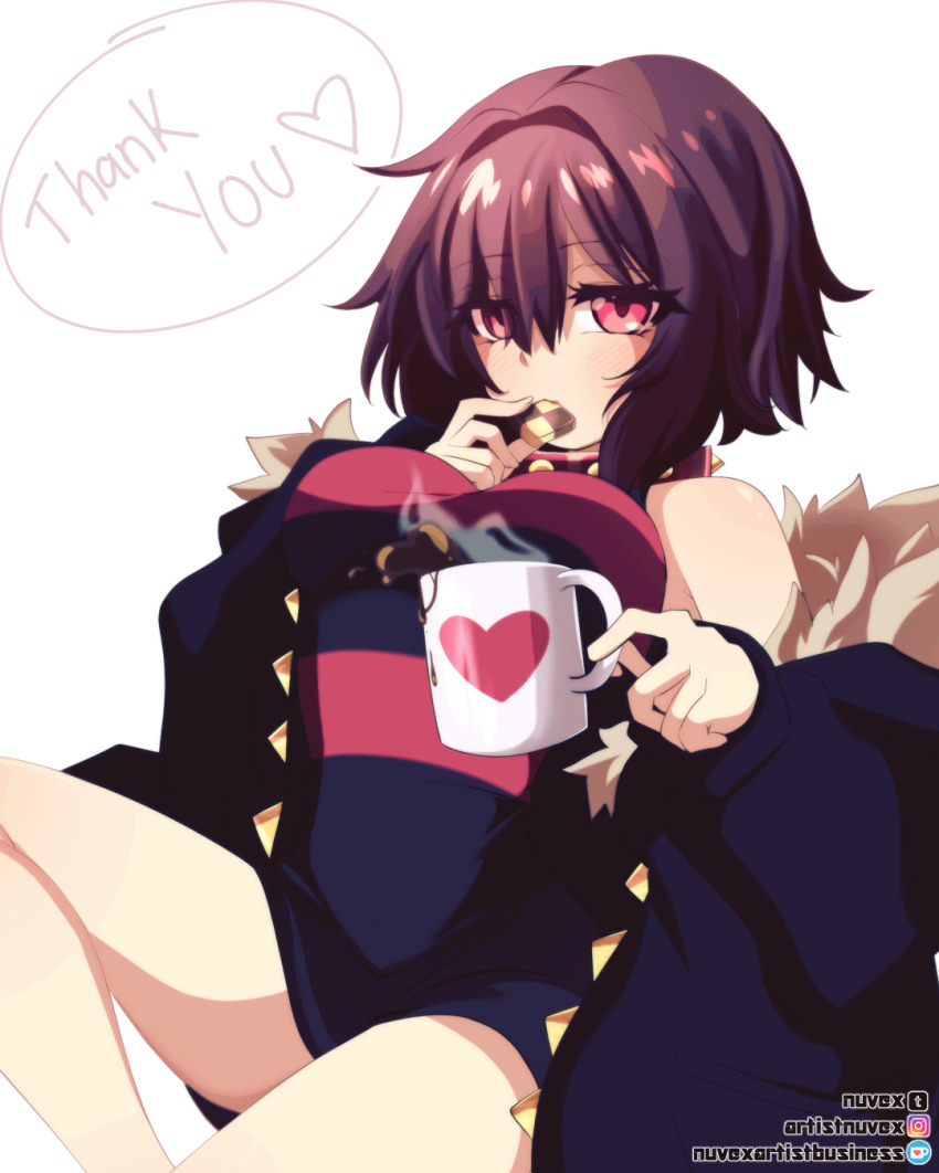 1girl blue_jacket blush_stickers breasts brown_hair checkerboard_cookie coffee coffee_mug collar cookie cup english_text food frisk_(undertale) genderswap genderswap_(otf) hair_between_eyes highres holding holding_cup instagram_logo instagram_username jacket ko-fi_logo ko-fi_username kuudere looking_at_viewer medium_breasts mug nuvex open_clothes open_jacket red_eyes shirt short_hair simple_background sitting spiked_collar spikes striped_clothes striped_shirt thank_you thighs tumblr_logo tumblr_username underfell undertale white_background