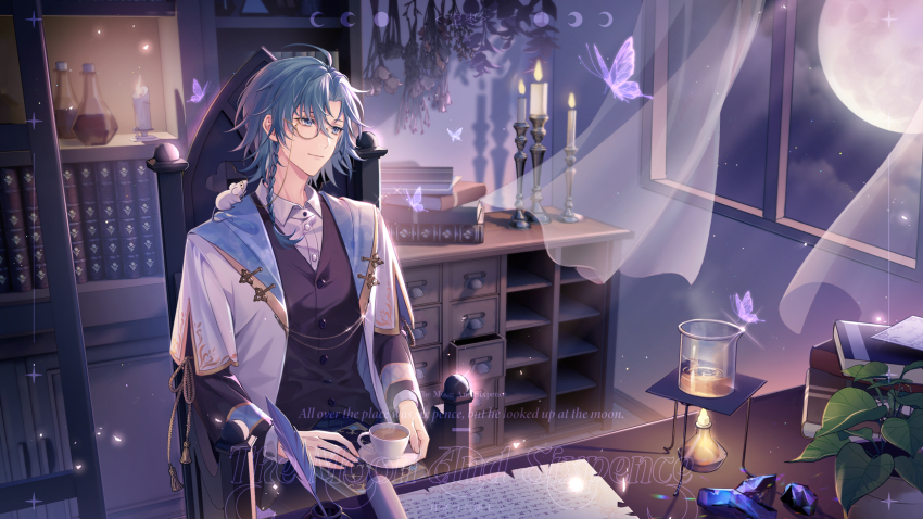 1boy animal animal_on_shoulder black_vest blue_eyes blue_hair book book_stack bookshelf braid bug butterfly buttons cable candle candlestand chain chair chinese_commentary chinese_text closed_mouth commentary_request copyright_request cup curtains desk english_text eyelashes flower full_moon gem gold_chain hair_between_eyes highres holding holding_saucer indoors inkwell insect jacket kongzao long_sleeves looking_away male_focus medium_hair monocle moon moon_phases mouse_(animal) night open_clothes open_jacket parted_bangs plant potted_plant purple_butterfly quill saucer scroll shelf shirt short_sleeves side_braid sidelocks single_braid sitting smile solo table teacup transparent_butterfly vest virtual_youtuber white_jacket white_shirt window