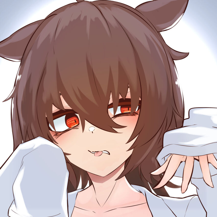 1girl absurdres agnes_tachyon_(umamusume) ahoge animal_ears arms_up bags_under_eyes brown_hair collarbone ears_down hair_between_eyes highres horse_ears horse_girl long_hair long_sleeves minmin731_ing parted_lips red-eye_effect sleeves_past_wrists solo tongue tongue_out umamusume