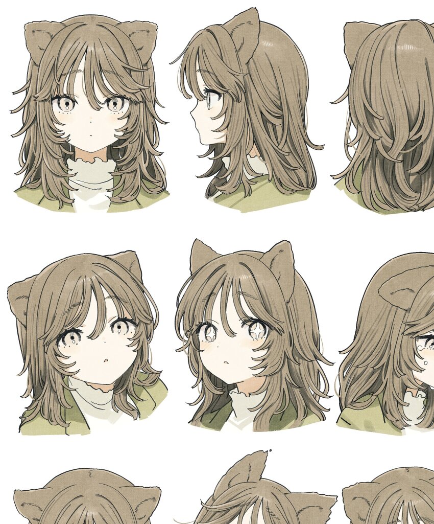 +_+ 1girl :c absurdres animal_ears blush brown_eyes brown_hair cat_ears cat_girl closed_mouth cropped_shoulders dot_nose green_jacket hair_between_eyes highres jacket long_hair looking_at_viewer multiple_expressions multiple_views open_clothes open_jacket open_mouth original profile shirt simple_background straight-on takaya_riku turtleneck turtleneck_shirt white_background white_shirt wispy_bangs