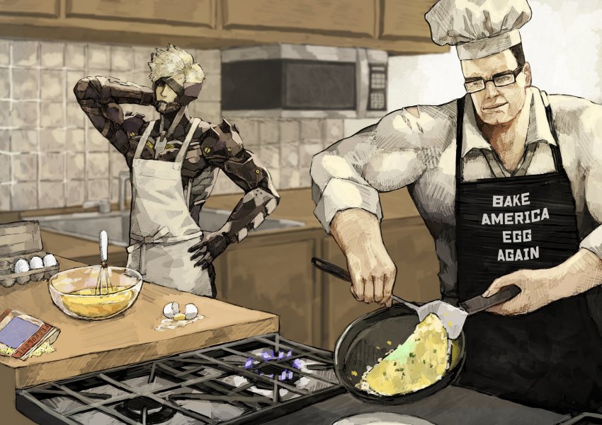 2boys absurdres awkward baking black_eyes black_hair blue_eyes chef chef_hat commentary confused cooking cyborg egg english_commentary english_text eyepatch food grey_hair hat highres make_america_great_again male_focus meme metal_gear_(series) metal_gear_rising:_revengeance multiple_boys muscular omelet parody raiden_(metal_gear) shirt short_hair slice_of_life steven_armstrong subakeye toned toned_male white_hair