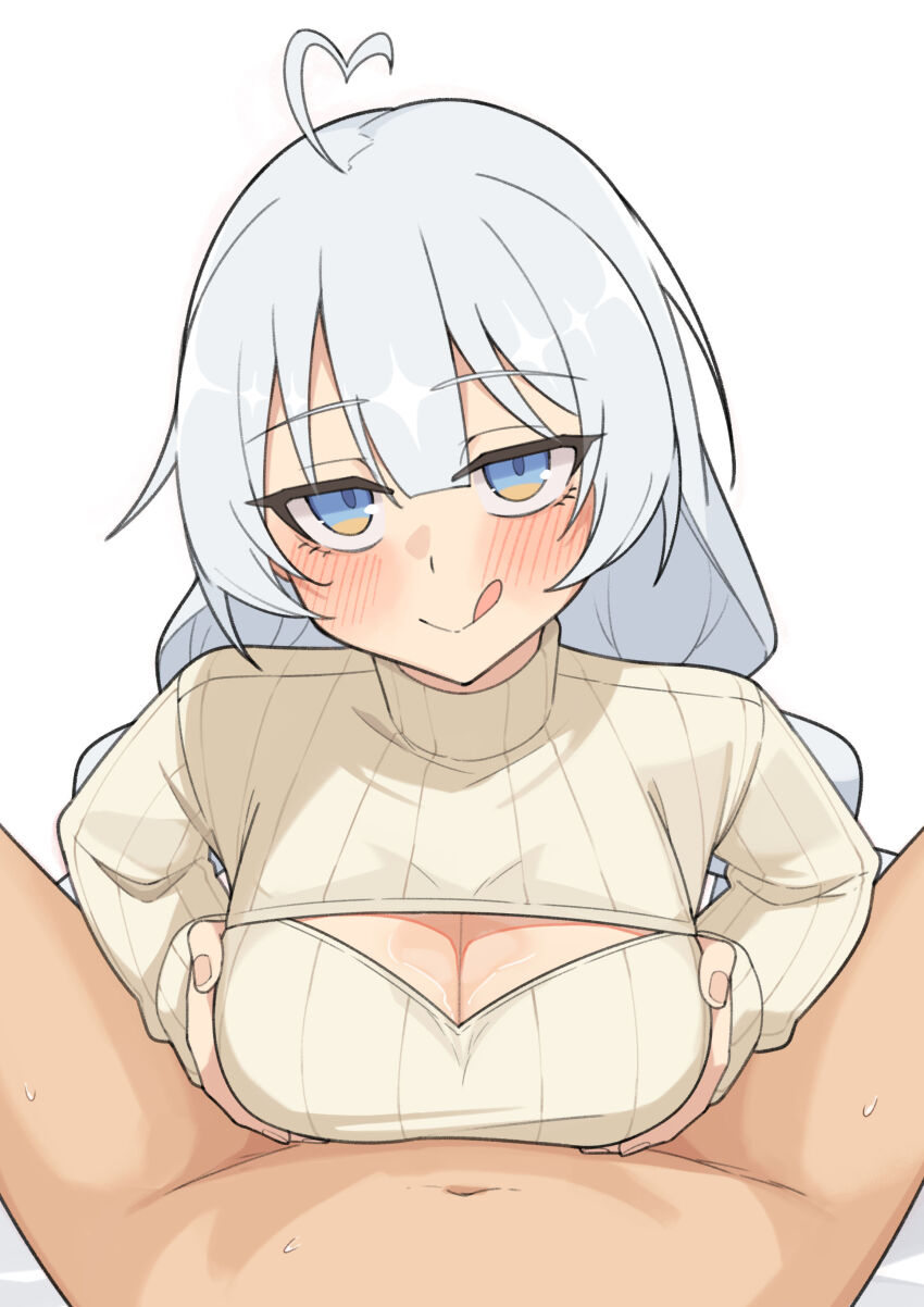 1boy 1girl absurdres ahoge blue_eyes breasts cleavage cleavage_cutout clothing_cutout gukr4322 heart heart_ahoge highres kizuna_akari large_breasts licking_lips looking_at_viewer lube naughty_face paizuri paizuri_under_clothes pov sweater tongue tongue_out turtleneck turtleneck_sweater vocaloid voiceroid white_background