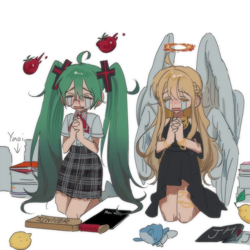 2girls absurdres ahoge angel angel_wings black_dress black_skirt blonde_hair braid clothing_cutout colored_eyelashes commentary confessions_of_a_rotten_girl_(vocaloid) cross_hair_ornament crossover crying death_note_(object) dress english_commentary fish food fruit fujoshi glasses glifeblife green_hair hair_ornament half_up_braid halo hatsune_miku highres interlocked_fingers kneeling lemon long_hair multiple_girls ocean_sunfish omniscient_reader&#039;s_viewpoint open_mouth own_hands_together plaid_clothes plaid_skirt pornography praying round_eyewear shirt short_sleeves shoulder_cutout skirt streaming_tears tears tomato trait_connection twintails uriel_(omniscient_reader&#039;s_viewpoint) very_long_hair vocaloid white_shirt wings yaoi_(object) yaoi_paddle