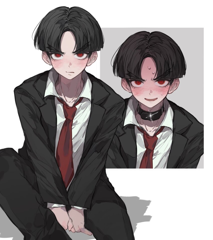 1boy anzekeye black_hair blush choker formal_clothes highres long_sleeves maruko_gaku necktie pants parted_lips red_eyes red_necktie shirt simple_background sitting solo the_hundred_line_-last_defense_academy- white_background white_shirt
