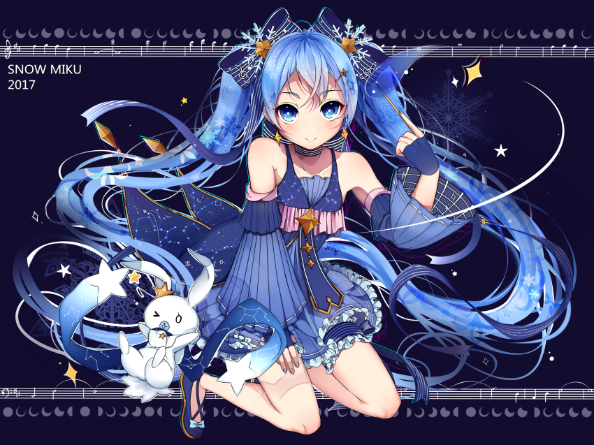 1girl 2017 absurdres aquarius_(constellation) aries_(constellation) blue_eyes blue_hair cancer_(constellation) capricorn_(constellation) character_name constellation_print earrings fingerless_gloves fleur-de-lis gemini_(constellation) gloves hair_ornament hairclip hatsune_miku highres jewelry kneeling leo_(constellation) libra_(constellation) long_hair looking_at_viewer one_eye_closed pisces_(constellation) rabbit sagittarius_(constellation) scorpius_(constellation) smile snowflake_hair_ornament star_(sky) twintails very_long_hair virgo_(constellation) vocaloid wand weizhi yuki_miku yukine_(vocaloid)