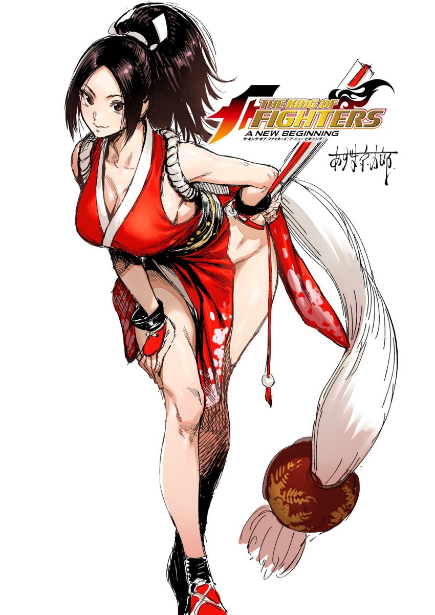 1girl azuma_kyoutarou_(artist) bare_shoulders breasts brown_eyes brown_hair commentary_request fatal_fury female_focus folded_fan folding_fan hand_fan hand_on_own_thigh high_ponytail highres large_breasts leaning_forward looking_at_viewer ninja parted_bangs ponytail revealing_clothes rope shiranui_mai smile solo the_king_of_fighters thighs