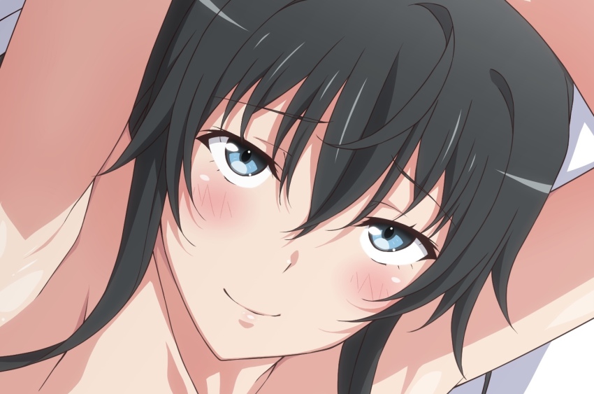 1girl arms_up black_hair blue_eyes blush closed_mouth commentary_request completely_nude long_hair looking_at_viewer nude paid_reward_available portrait shou937 sidelocks smile solo yahari_ore_no_seishun_lovecome_wa_machigatteiru. yukinoshita_yukino