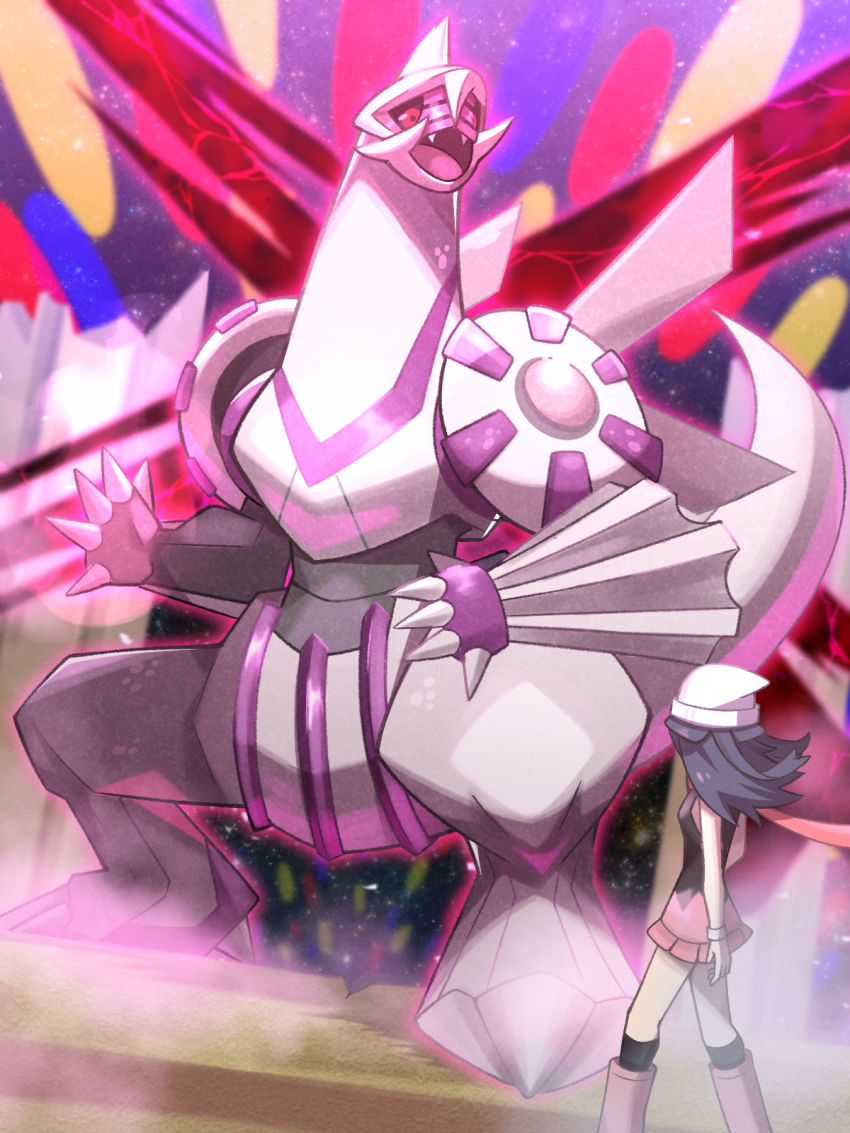 1girl beanie black_hair black_shirt black_socks boots claws commentary_request dawn_(pokemon) facing_away fangs gen_4_pokemon hat highres inana_umi kneehighs legendary_pokemon long_hair looking_at_another nintendo open_mouth palkia pink_boots pink_skirt pokemon pokemon_(creature) pokemon_dppt red_eyes red_scarf scarf shirt skirt sky sleeveless sleeveless_shirt socks standing star_(sky) starry_sky white_headwear wristband
