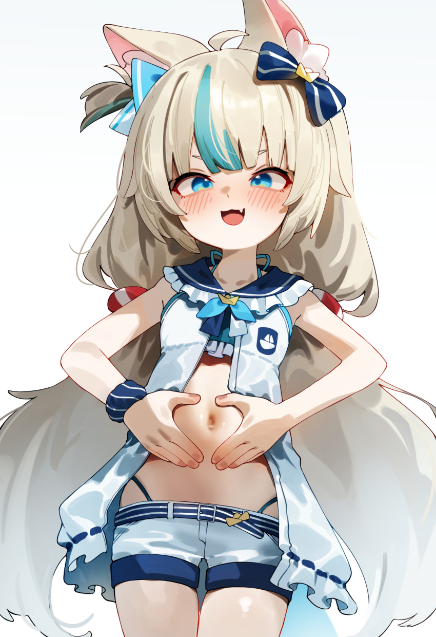 1girl animal_ear_fluff animal_ears bikini bikini_under_clothes blonde_hair blue_bikini blue_eyes blue_hair commentary english_commentary fang fins fish_girl fish_tail highres indie_virtual_youtuber kani_fish lifebuoy_hair_ornament long_hair looking_at_viewer multicolored_hair navel open_mouth sameko_saba short_shorts shorts simple_background skin_fang solo streaked_hair swimsuit tail v-shaped_eyebrows white_background white_shorts