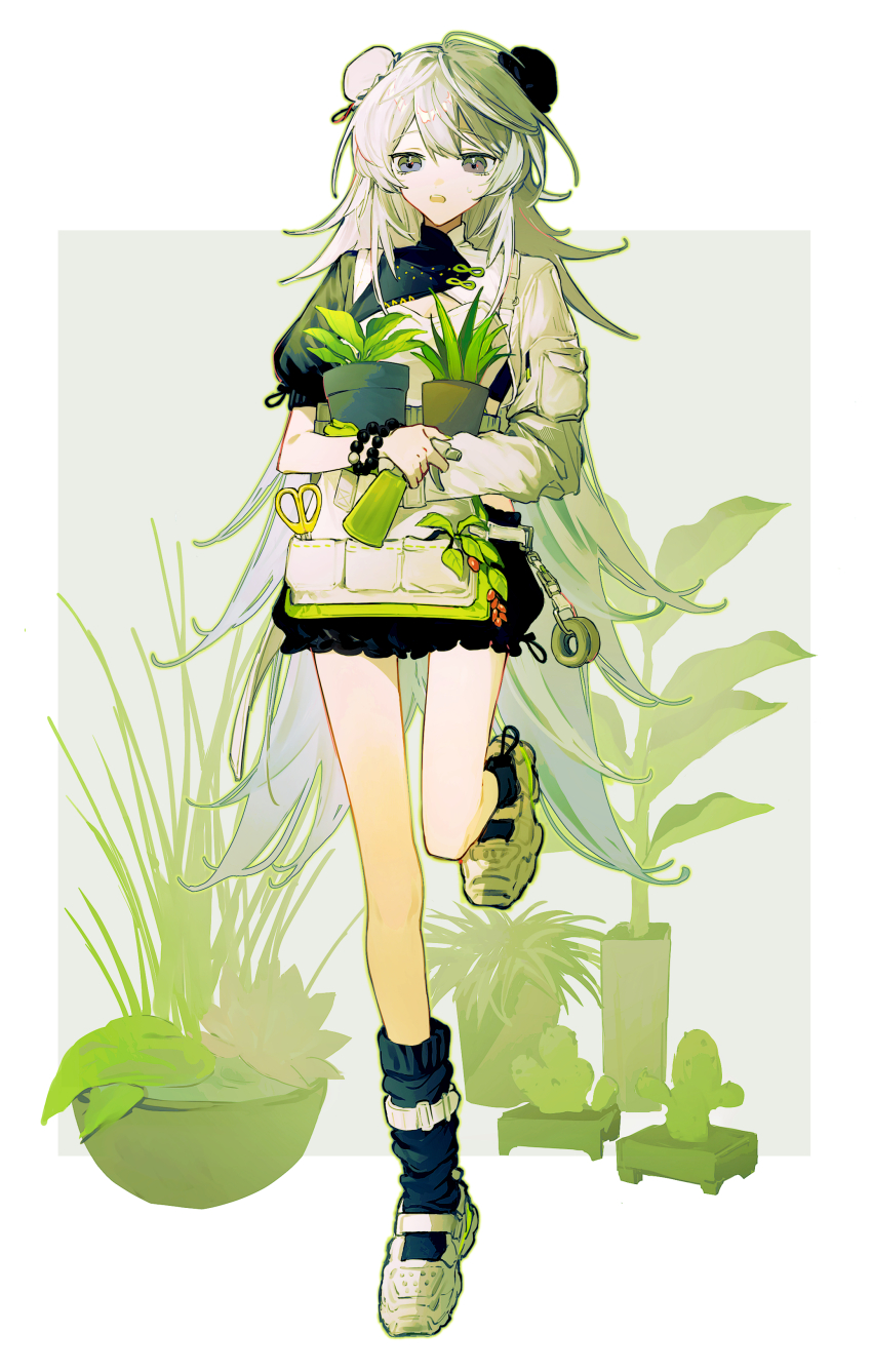 1girl absurdres arknights asymmetrical_clothes asymmetrical_sleeves bead_bracelet beads black_bloomers bloomers bracelet breasts bun_cover cleavage_cutout clothing_cutout double_bun expressionless feather_hair full_body hair_between_eyes hair_bun highres holding jacket jewelry long_hair mulberry_(arknights) mulberry_(plant_crude_drug)_(arknights) nanashi_74 official_alternate_costume open_mouth plant potted_plant purple_eyes shoes simple_background sneakers socks solo spray_can standing standing_on_one_leg underwear very_long_hair white_hair white_jacket white_shoes