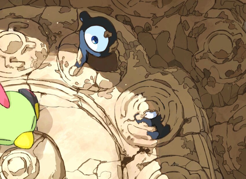 animal_focus aomon_(yuuji7604) beak bird blue_eyes closed_eyes colored_skin gen_2_pokemon green_skin highres natu nintendo no_humans one-eyed pokemon pokemon_(creature) ruins unown unown_e unown_h unown_i unown_p