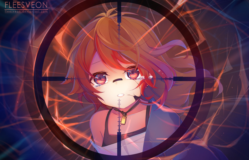 1girl bandaid bandaid_on_face bandaid_on_nose blue_jacket brown_hair colored_tips commentary commission cracked_skin crosshair crying crying_with_eyes_open english_commentary fleesveon hibana_(vocaloid) highres jacket jewelry looking_at_viewer multicolored_hair necklace original purple_eyes rakkun_sutaru rakkun_sutaru_(old_design) red_hair shirt short_hair solo tears white_shirt