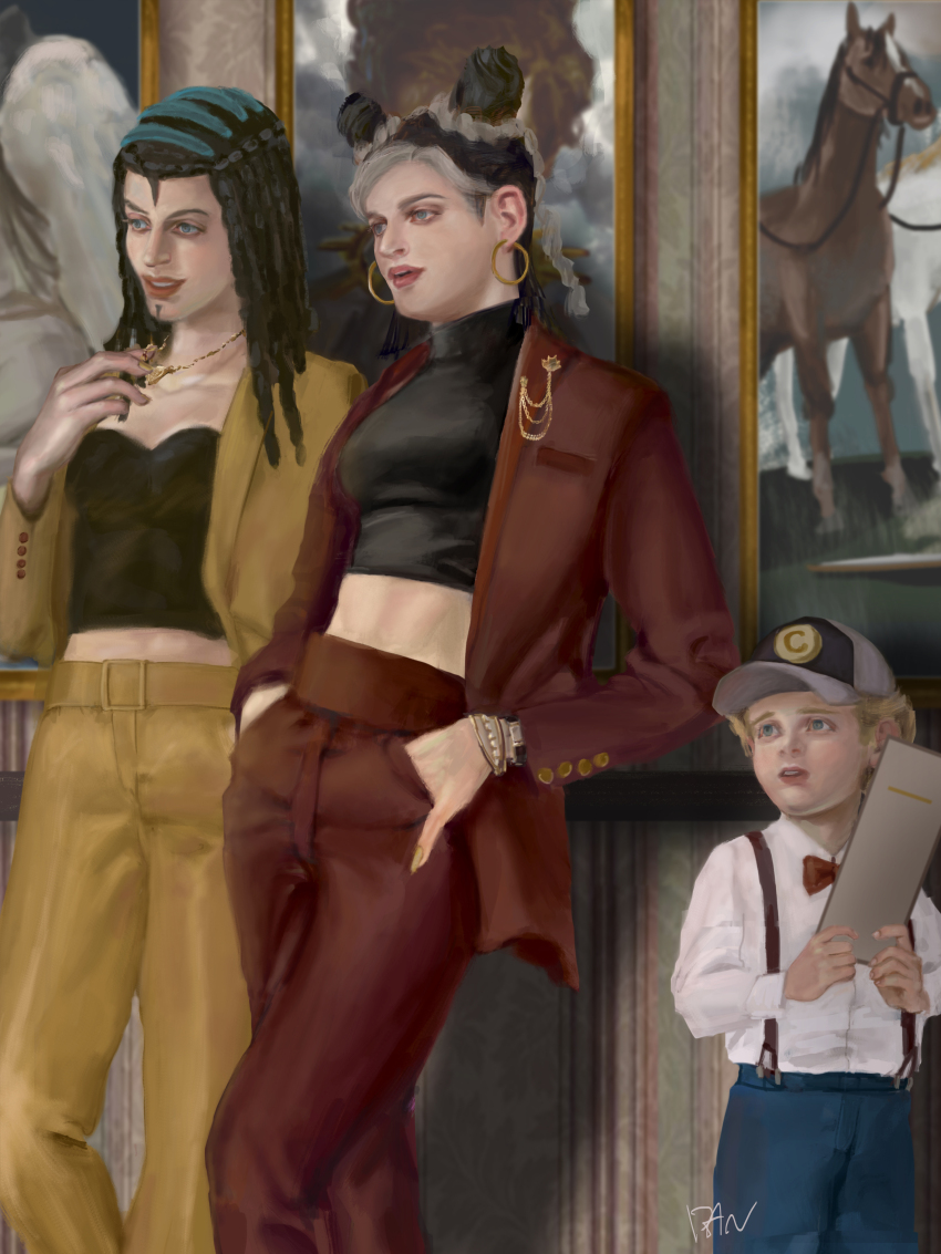 1boy 2girls absurdres artist_name baseball_cap black_hair blonde_hair bracelet braid breasts commentary_request danart14020 double_bun drawing_(object) dreadlocks earrings emporio_alnino ermes_costello green_eyes hair_bun hands_in_pockets hat highres hoop_earrings indoors jacket jewelry jojo_no_kimyou_na_bouken kuujou_jolyne long_hair long_sleeves looking_to_the_side makeup medium_breasts multicolored_hair multiple_girls necklace pants pink_lips realistic smile stone_ocean turtleneck two-tone_hair yellow_pants
