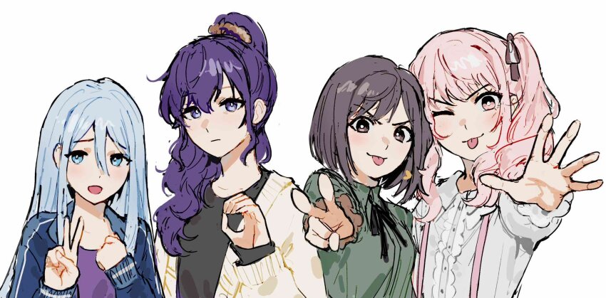 1other 3girls akiyama_mizuki asahina_mafuyu black_ribbon black_shirt blue_eyes blue_hair blue_jacket brown_eyes brown_hair brown_ribbon cable_(cablebop) cardigan clenched_hand closed_mouth collared_shirt commentary english_commentary frills green_shirt hair_between_eyes hair_ornament hair_ribbon hand_on_own_chest hands_up heart high_ponytail highres jacket long_hair long_sleeves multiple_girls one_eye_closed open_cardigan open_clothes open_jacket open_mouth pink_eyes pink_hair ponytail project_sekai puffy_long_sleeves puffy_sleeves purple_eyes purple_hair purple_shirt ribbon shinonome_ena shirt side_ponytail sidelocks simple_background smile suspenders sweater t-shirt tongue tongue_out track_jacket upper_body v v-shaped_eyebrows wavy_hair white_background white_shirt white_sweater yoisaki_kanade